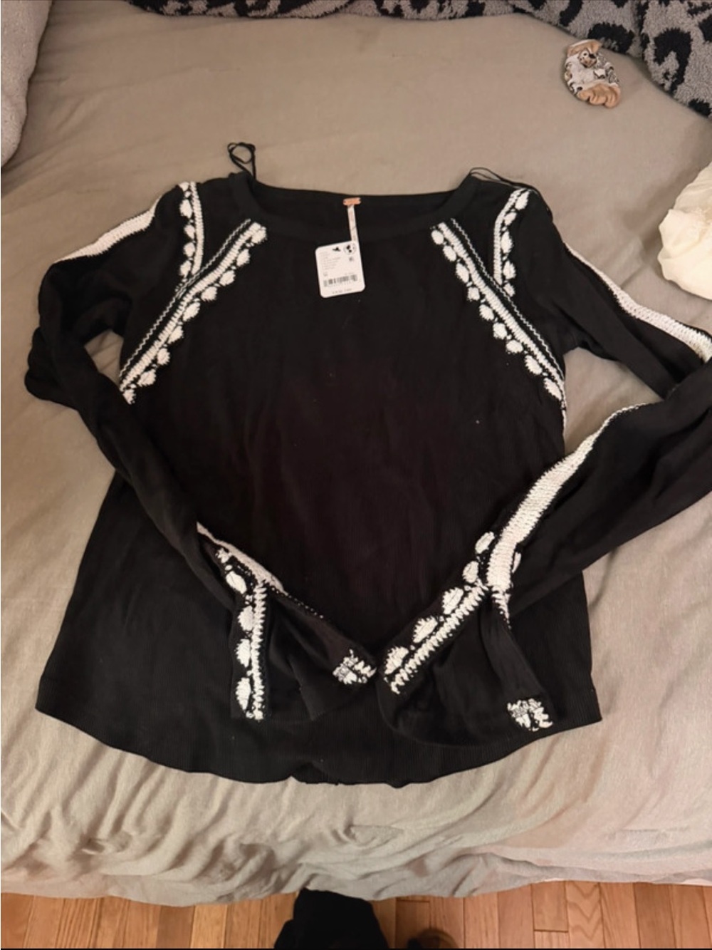 Free People Black Crewneck Sweater with White Embroidery